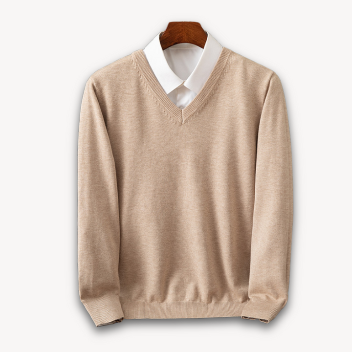 Men's slim-fit V-neck sweater, long sleeve, excellent for layering over shirts or under jackets.