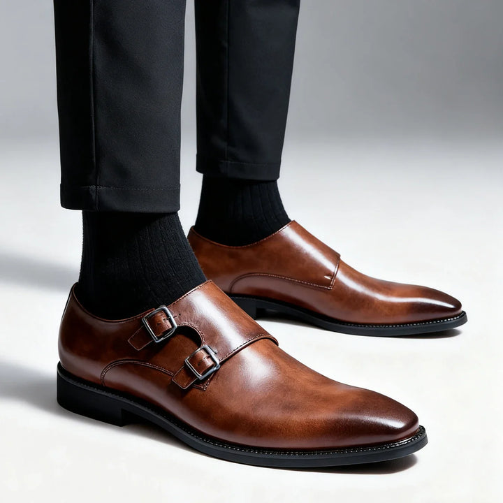 Men's Classic Valmont Loafers in rich brown with elegant double buckles. Perfect dress shoes.