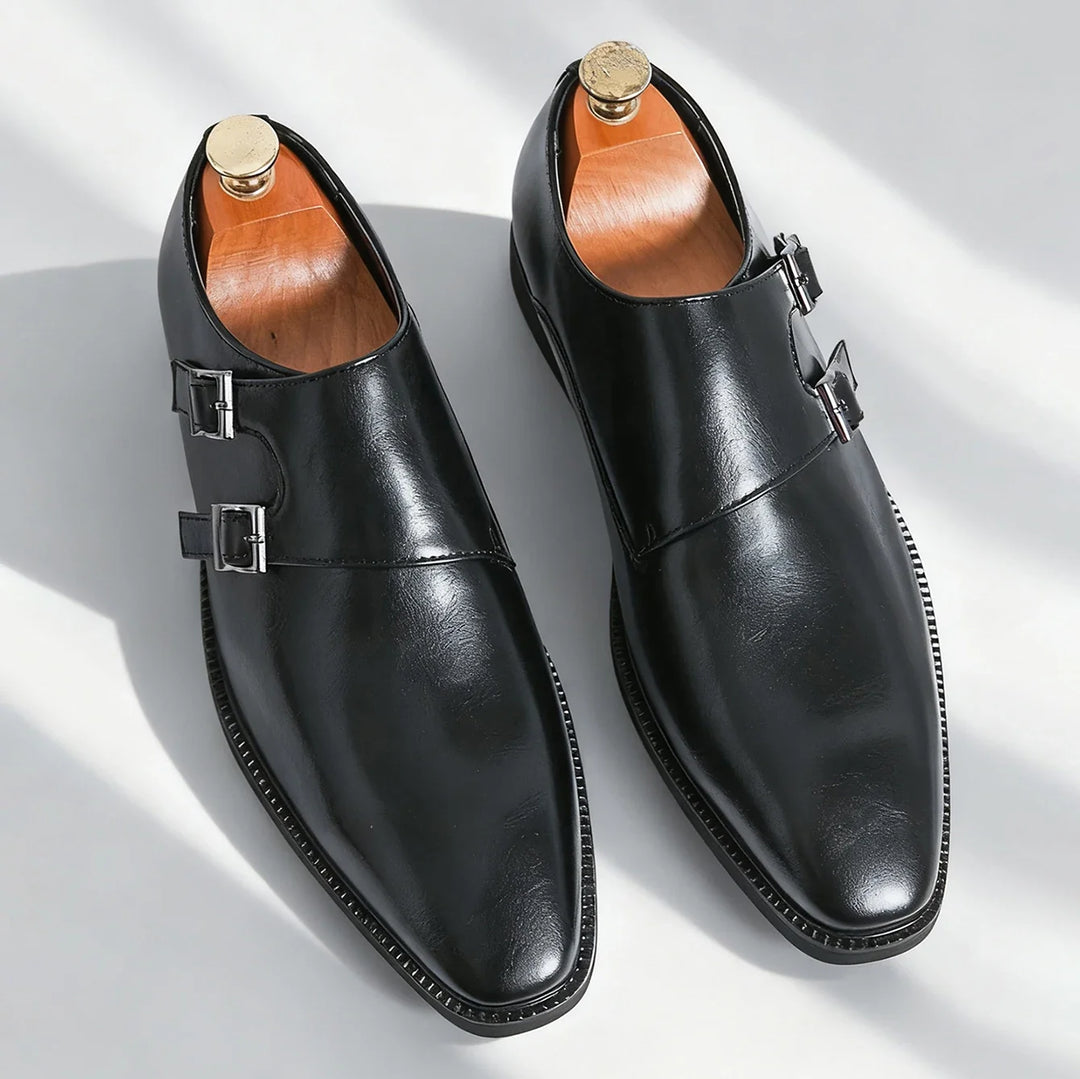 Men's Valmont double buckle loafers, classic brown dress shoes for sophisticated and stylish men.