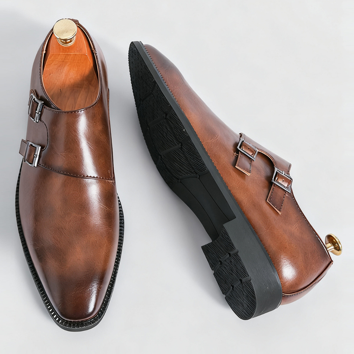 Front view of men's Valmont double buckle loafers. Premium leather classic style men's footwear.