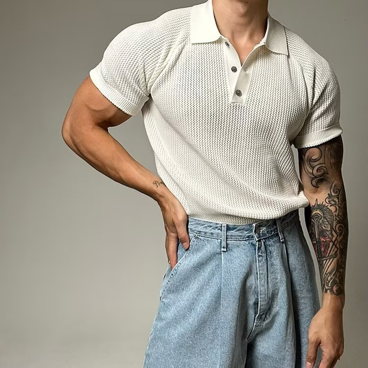 Men's classic waffle knit polo shirt with structured collar for everyday wear.