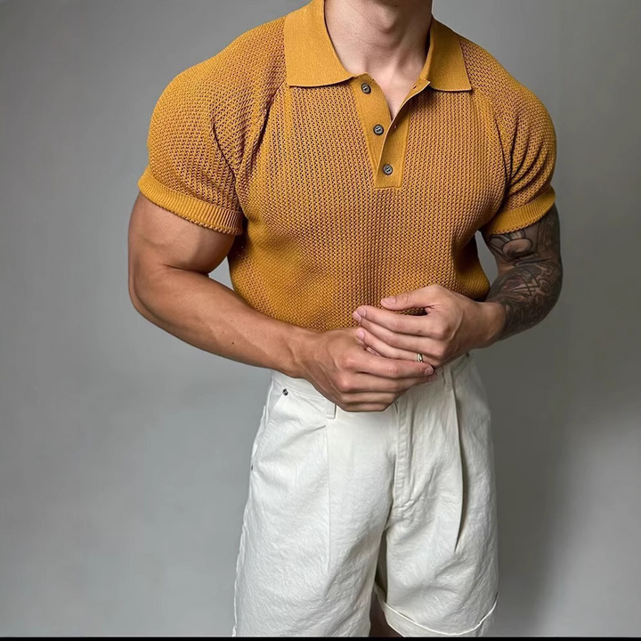 Stylish men's collared waffle shirt, short sleeve, classic fit, perfect for versatile outfits.