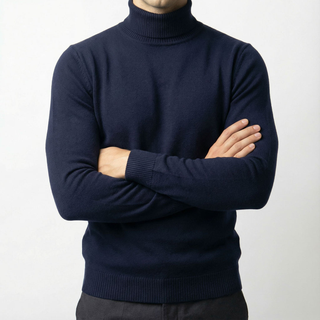 Elegant men's black turtleneck sweater, ideal for cold weather layering. Comfortable classic pullover.