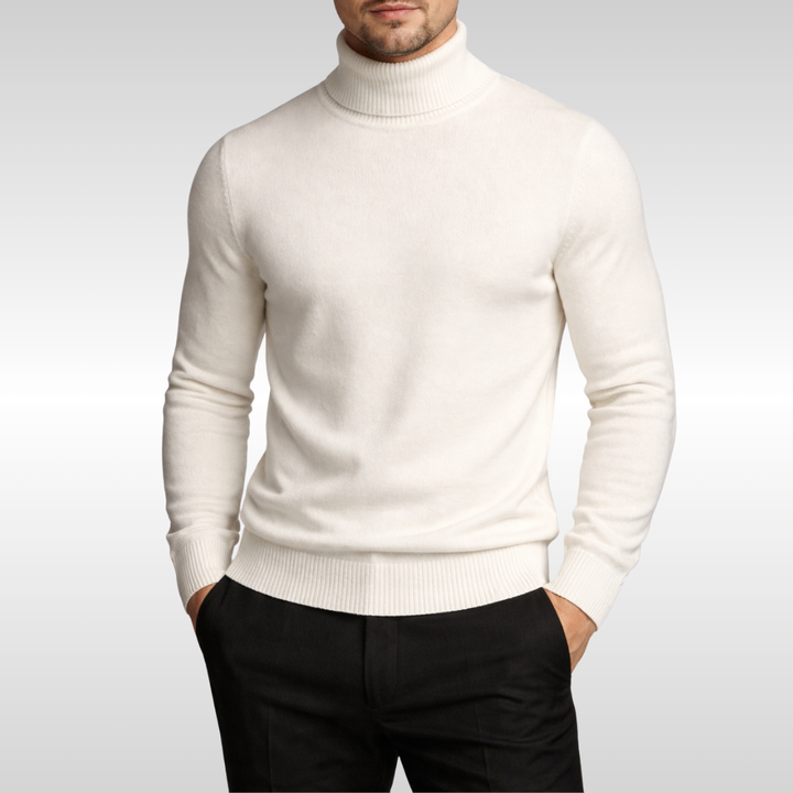 Stylish men's red turtleneck pullover, warm & versatile for winter fashion. Classic cold weather wear.