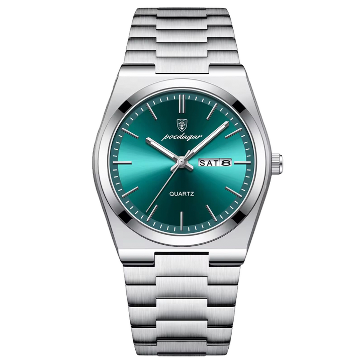 Close-up of an elegant men's classic watch featuring a prominent date display, perfect as a sophisticated dress timepiece.