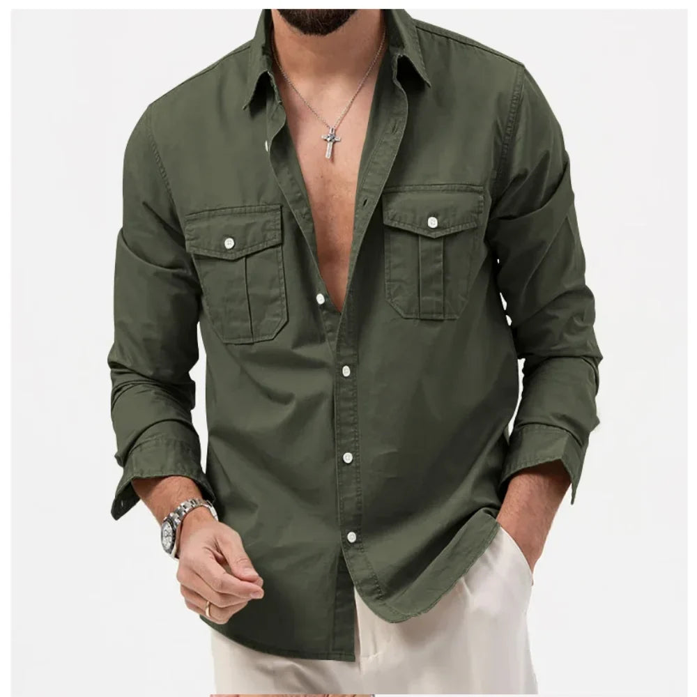 Men's Claymore tactical button-up shirt, quick-dry long sleeve for outdoor adventure wear.