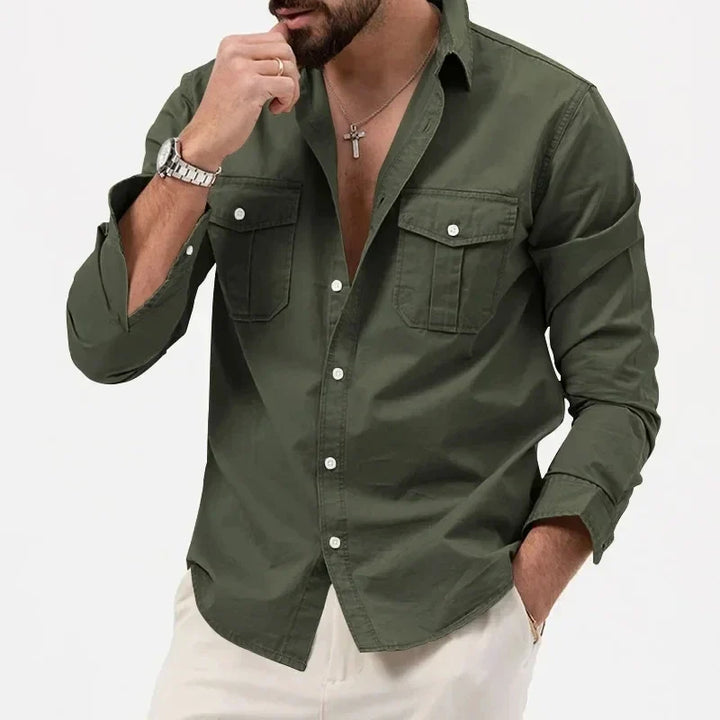 Versatile men's long sleeve tactical button-up, ideal travel shirt and performance top.