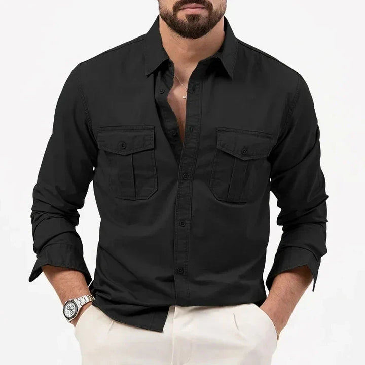 Detailed image of men's tactical long sleeve shirt, built for outdoor wear and travel versatility.