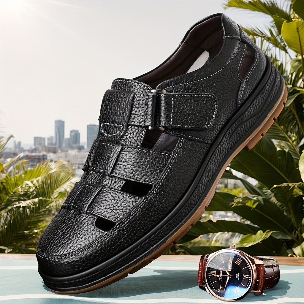 Rugged men's closed-toe sandals for outdoor protection; durable and comfortable summer footwear.