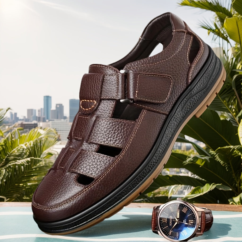 Stylish men's closed-toe summer sandals, ideal for outdoor activities, offering comfort & protection.