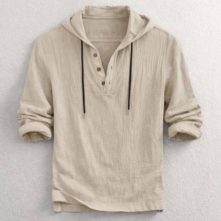 Relaxed fit men's hooded henley with button placket. Perfect casual top for spring & summer coastal style.