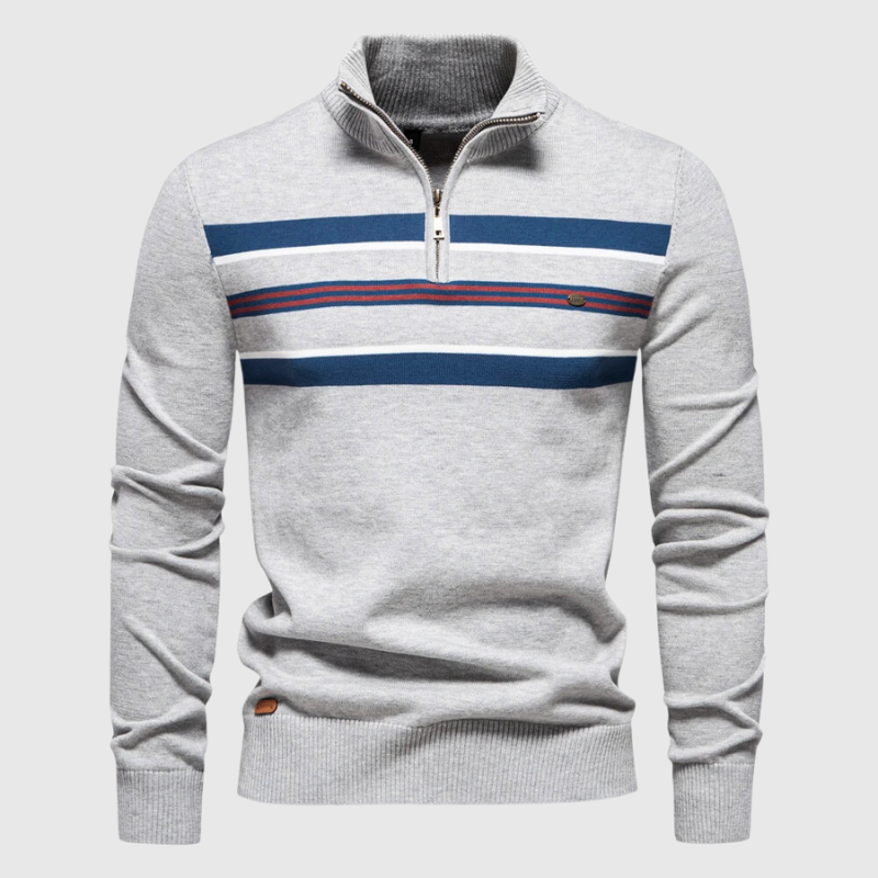 Long sleeve men's striped pullover with zip collar, ideal for versatile layering in coastal style.