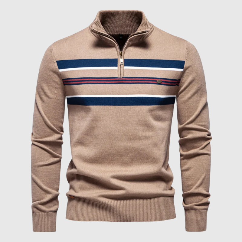 Casual men's coastal style striped pullover sweater, comfortable for everyday wear and layering.