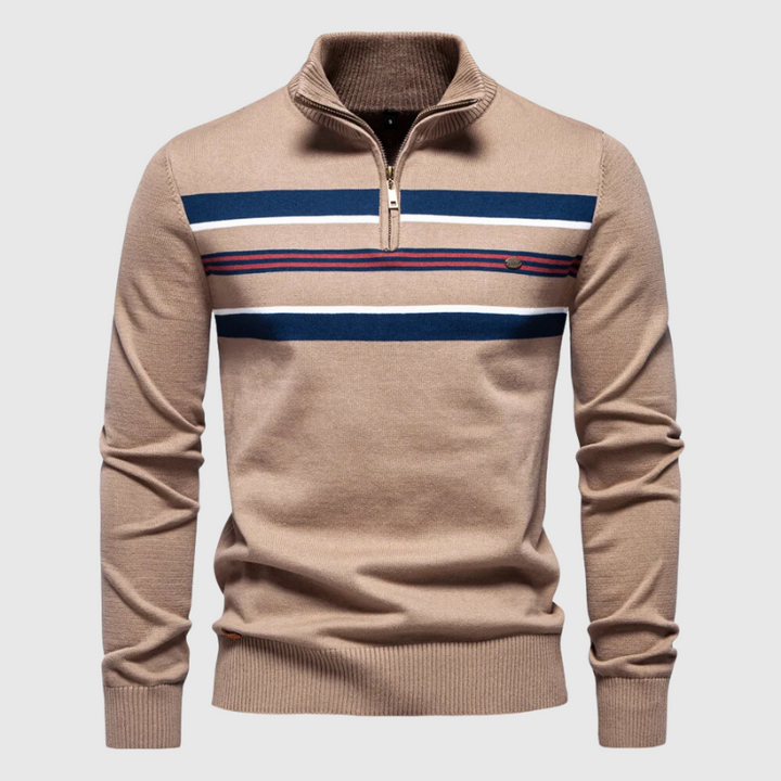 Casual men's coastal style striped pullover sweater, comfortable for everyday wear and layering.