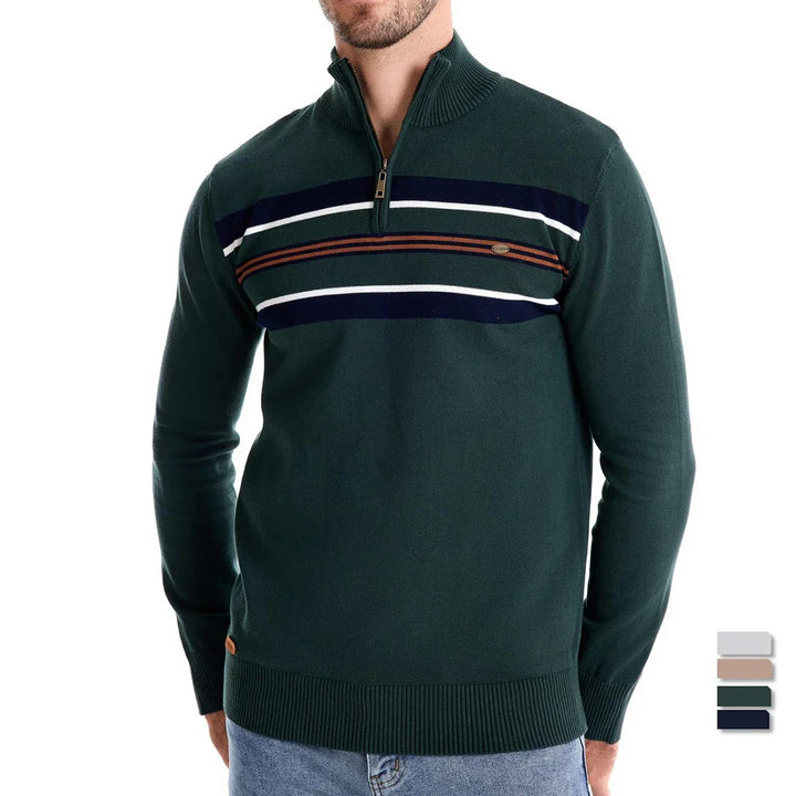 Stylish men's striped pullover sweater with zip collar, a key piece for coastal casual wear.