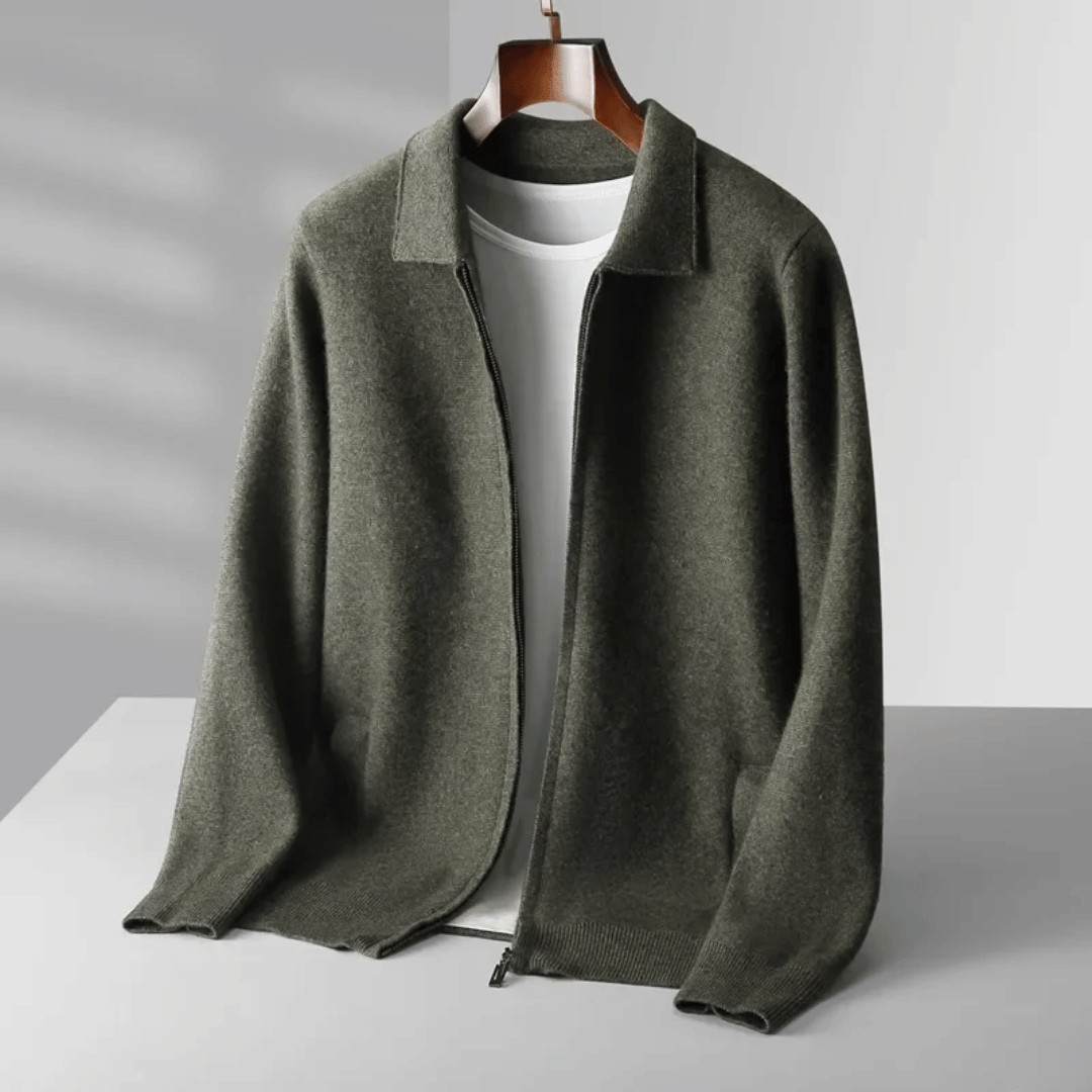 Men's all-season knit cardigan. This versatile collared zip-up jacket offers smart casual style & comfort.