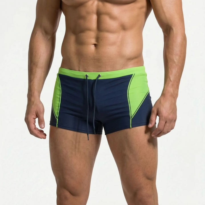 Men's color block boxer swim trunks for summer. Quick-dry, secure fit swimwear for all activities.