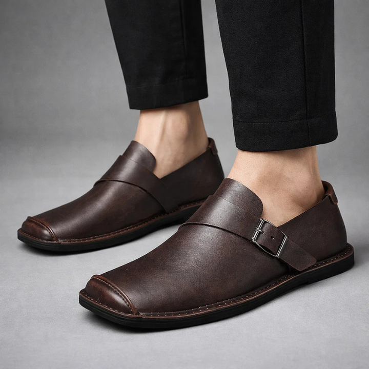 Classic men's square-toe slip-on loafers, ideal for comfortable walking or dress shoe style.
