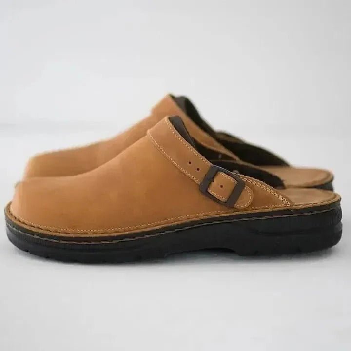 Versatile men's slip-on mules featuring a comfortable design and a secure heel strap for daily wear.