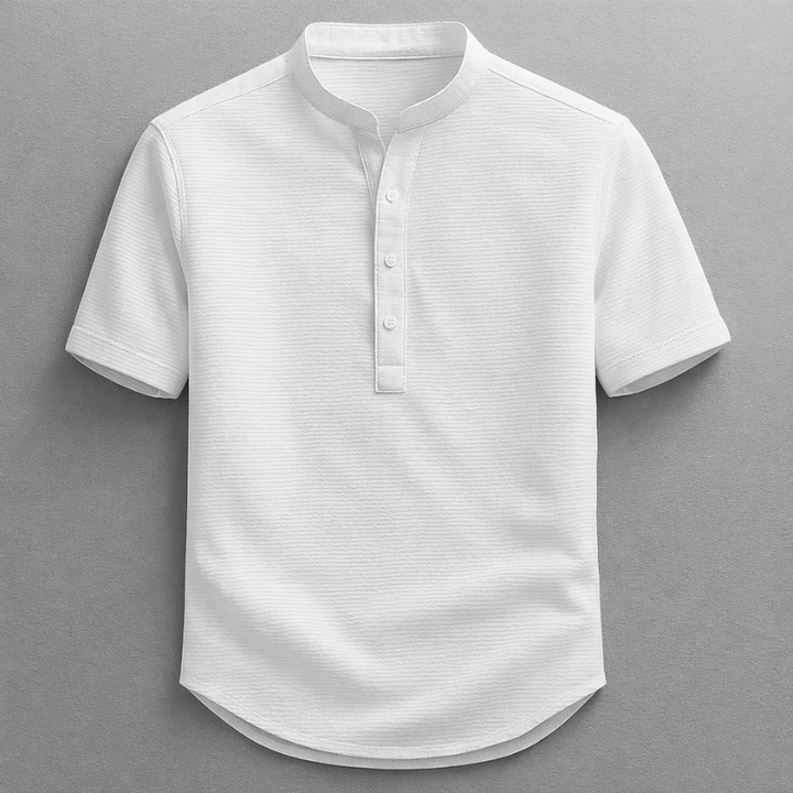 Classic henley button placket on a men's long sleeve shirt, offering everyday comfort, tailored fit, and style.