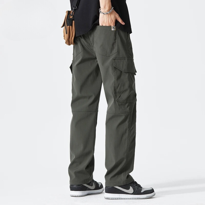 Men's casual cargo pants with adjustable drawstring waist for a comfortable, secure fit.