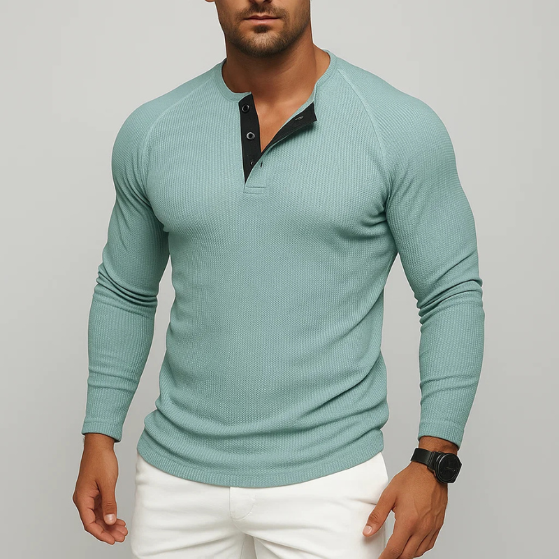 Versatile men's long sleeve textured Henley shirt, ideal for fall fashion, winter outfits, and casual style.