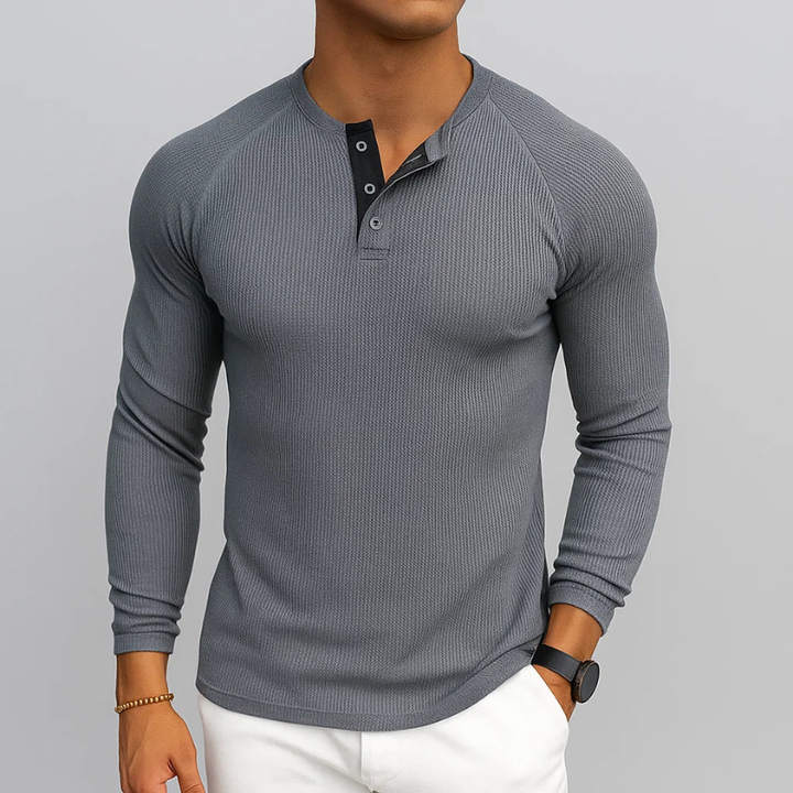 Stylish men's tailored fit Henley long sleeve shirt, great for everyday layering in casual fall & winter outfits.