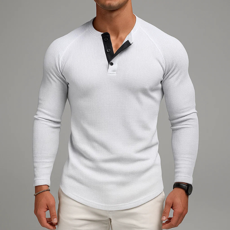Classic men's textured Henley long sleeve top, designed for versatile comfort & easy everyday casual styling.