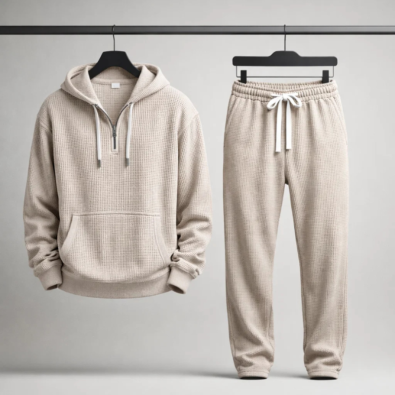 Man modeling a grey textured men's lounge set, featuring a relaxed-fit hoodie & drawstring joggers.