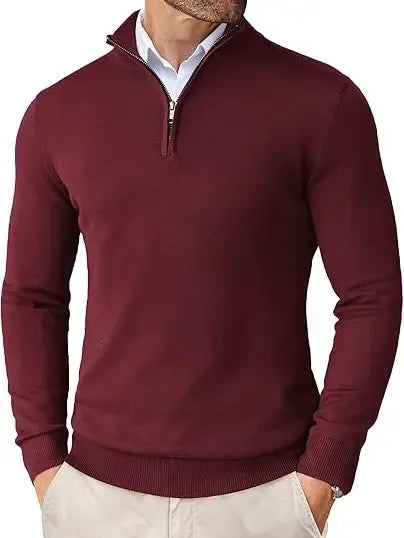 Classic men's quarter zip knit sweater, Como design in soft cotton merino, perfect for smart casual outfits.