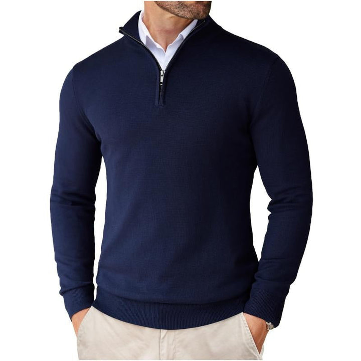 Breathable cotton merino men's quarter zip sweater, comfortable knit for versatile styling and classic appeal.