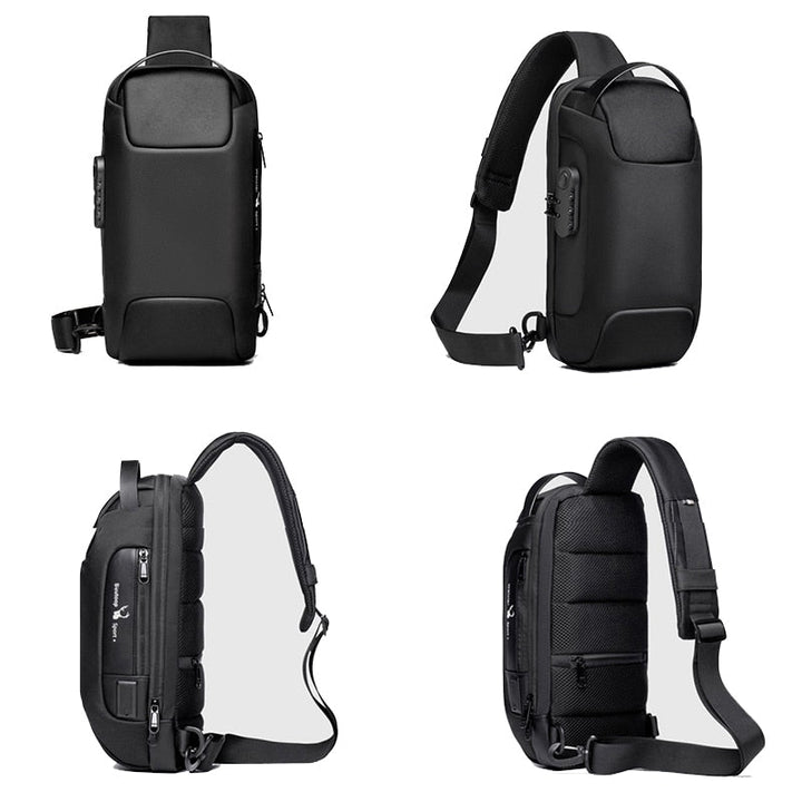 Front view of men's compact anti-theft water-resistant crossbody bag, showcasing USB charging port.