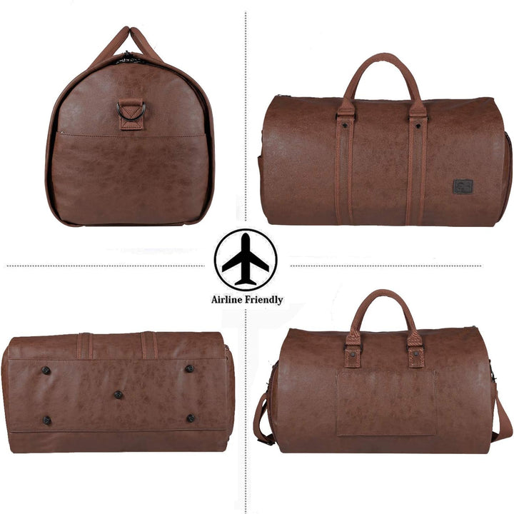 Men's convertible garment duffel bag carried by hand, showcasing its compact carry-on size.