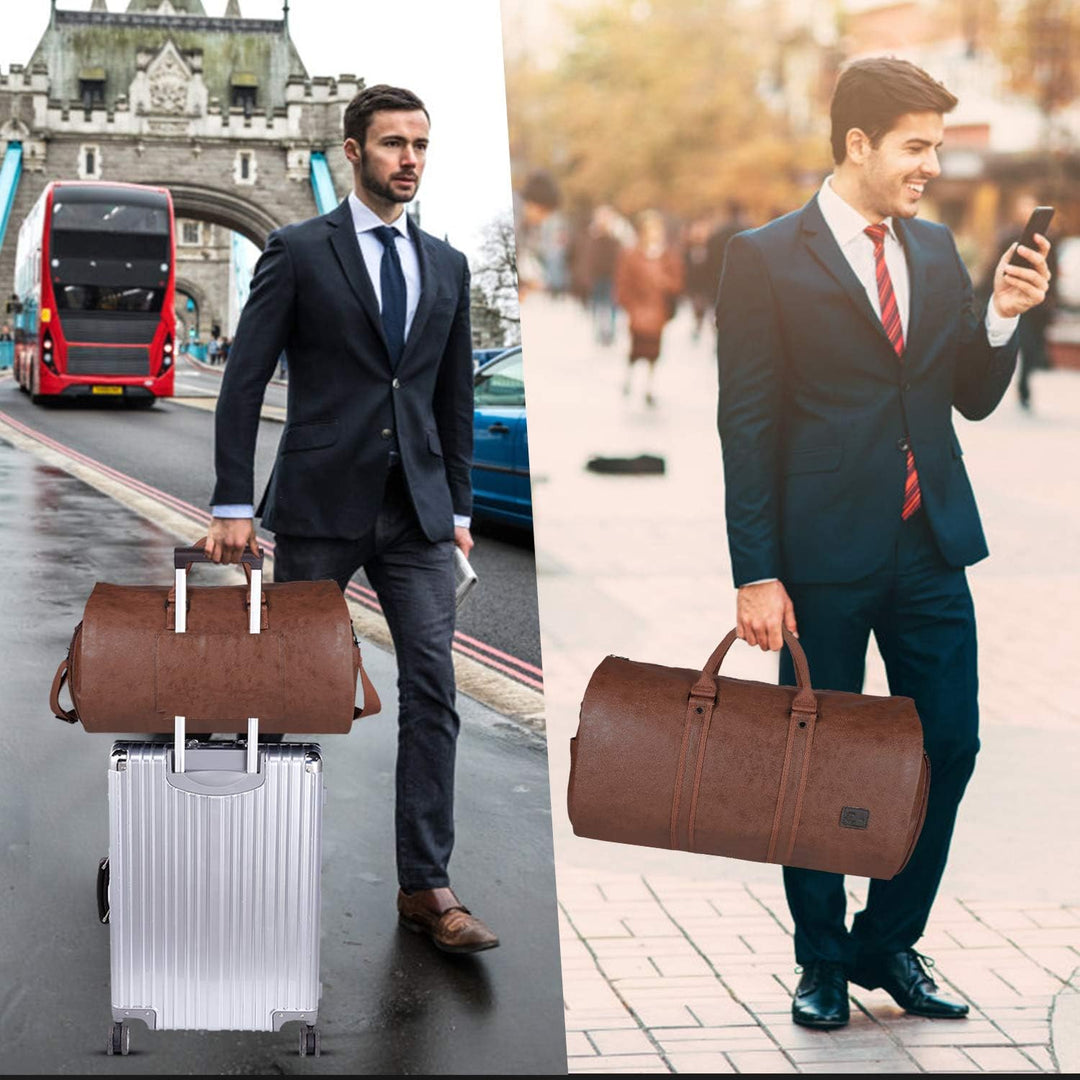 Men's weekender travel bag unfolded into a full garment bag, protecting suits from wrinkles.
