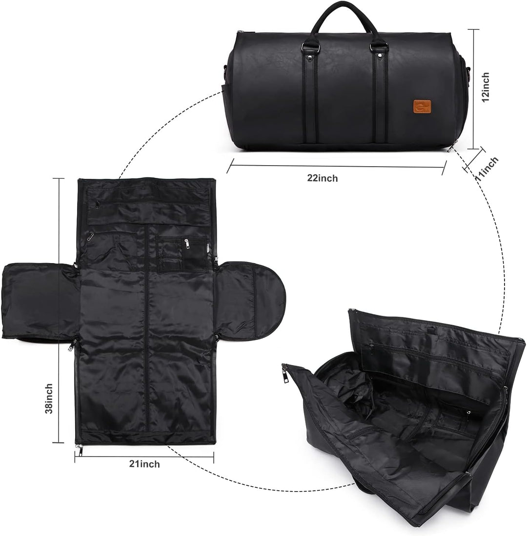 Men's convertible garment bag in a hotel room, ready for business travel or a weekend getaway.