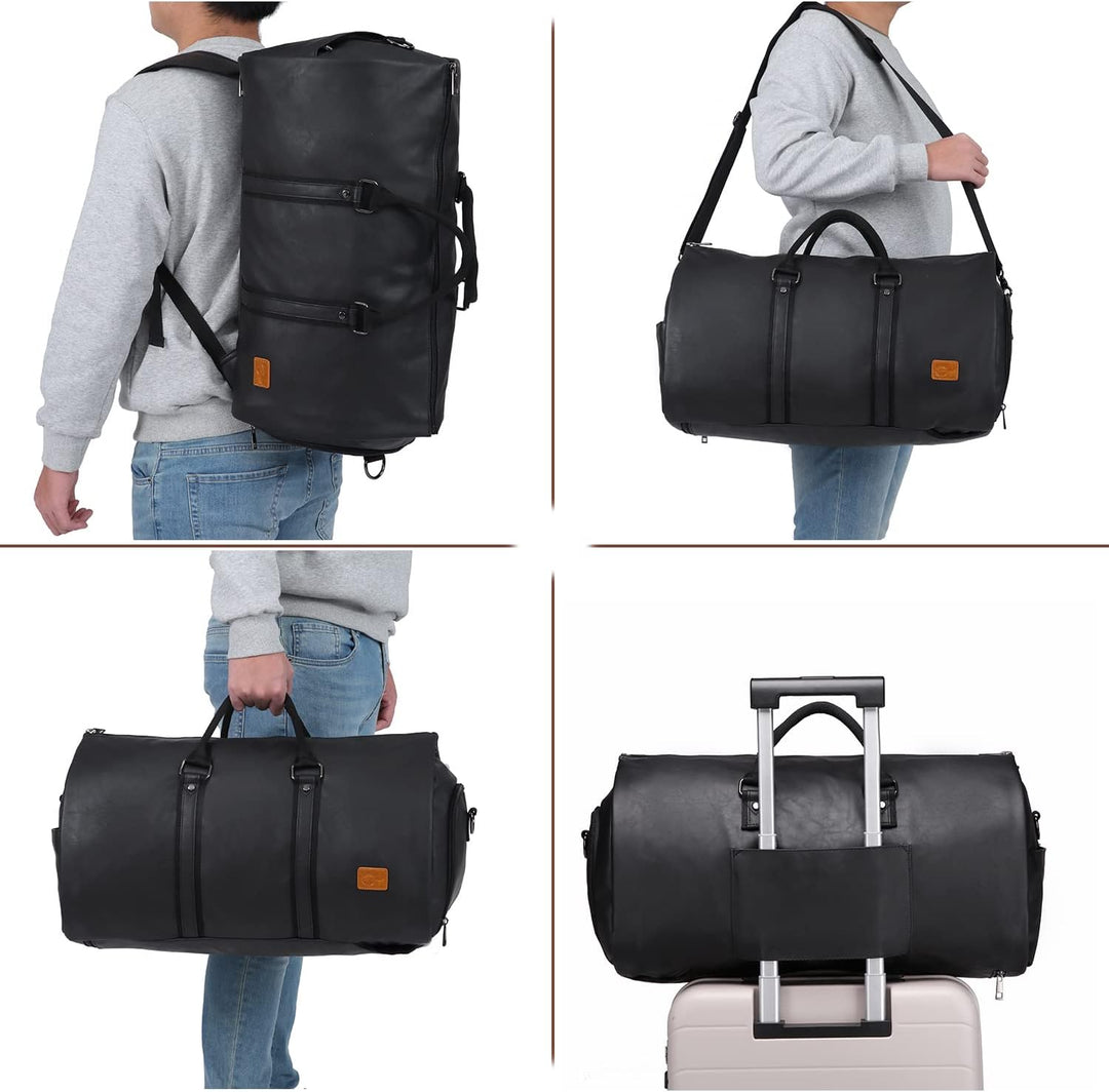 Front view of men's weekender garment duffel bag, showing main compartment & durable design.