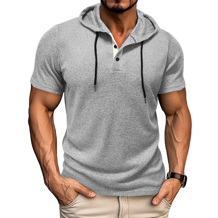 Breathable men's short-sleeve hoodie shirt, designed for comfort with moisture-wicking features.