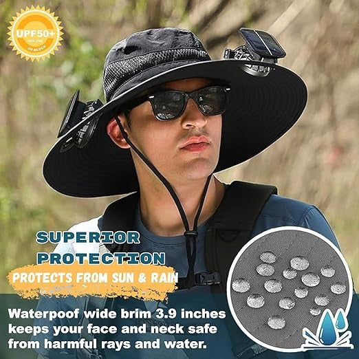 Men's fishing hat with solar fan, wide brim for sun protection & cooling on the water.