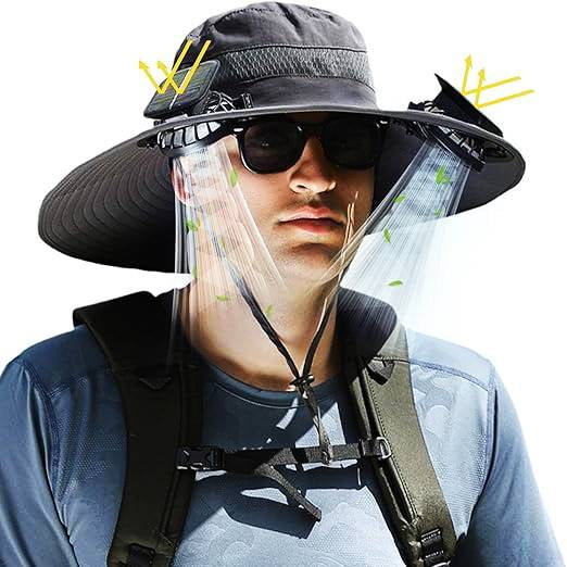 Men's adjustable sun hat with solar fan, wide brim, UV protection; perfect for golf, camping & outdoor.