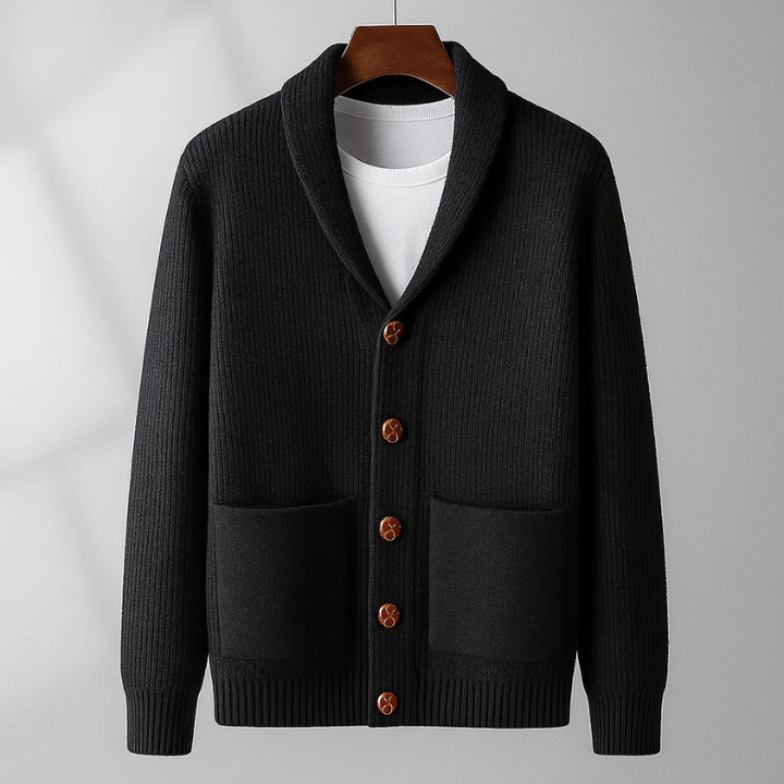 Warm men's button-up knit cardigan sweater. Cozy long sleeve layering piece for casual everyday style.