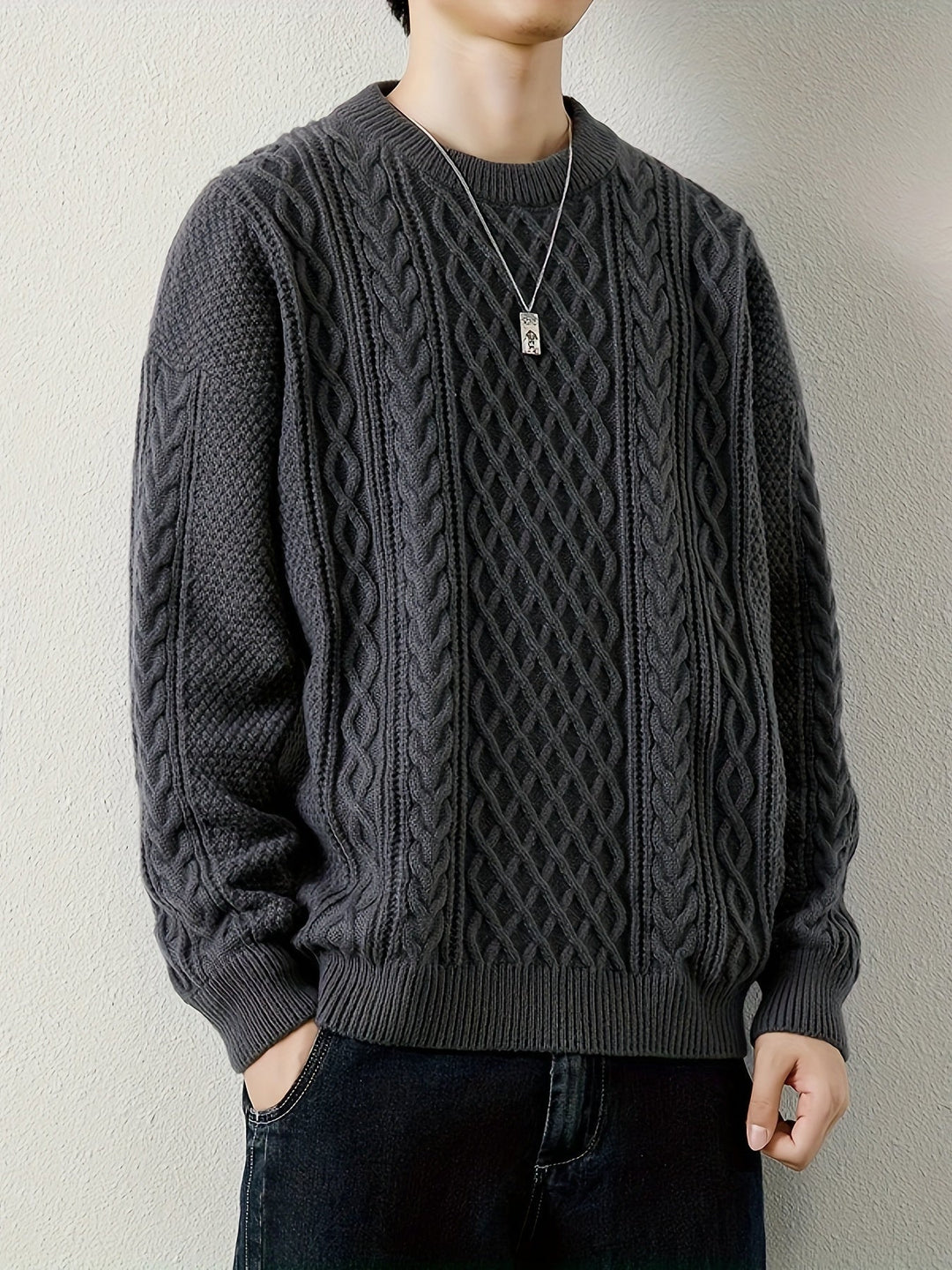 Men's cozy cable knit jumper, a versatile pullover for chilly days.