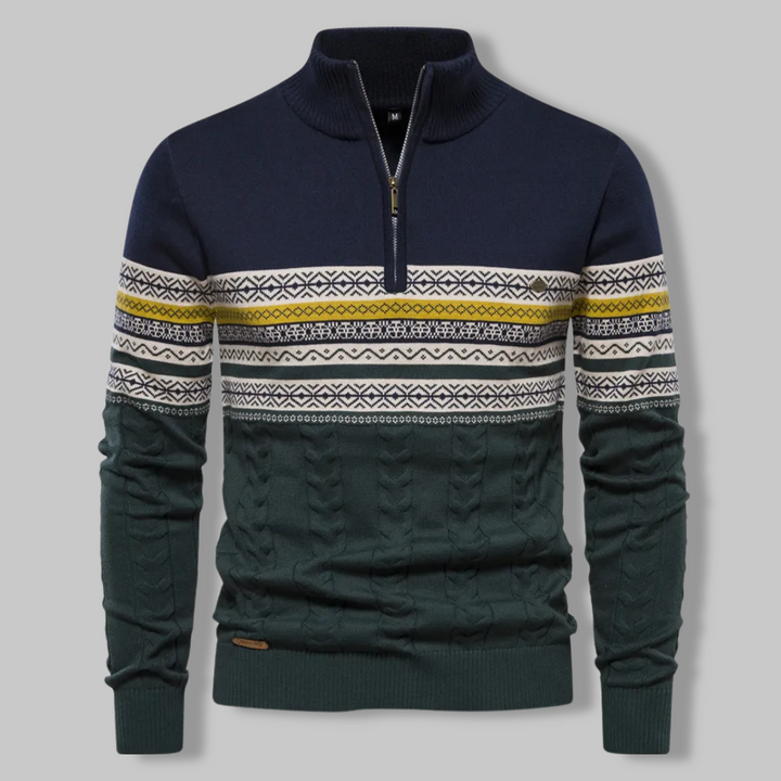 Warm men's cable knit quarter zip pullover for winter fashion, perfect for a layered look.