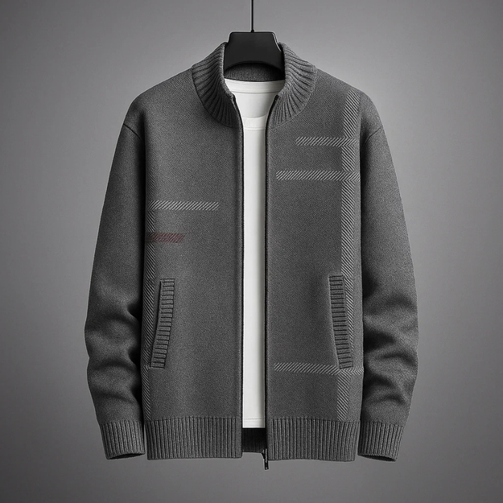 Stylish men's gray full-zip jacket, tailored fit, warm and cozy for comfortable everyday outerwear.