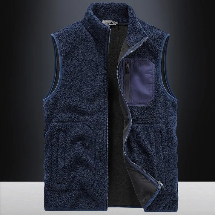 Stylish men's sherpa fleece vest, ideal casual outerwear for fall and winter comfort and utility.