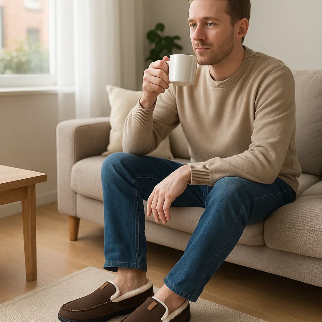 Warm men's slip-on winter house slippers, perfect for cozy indoor relaxation.
