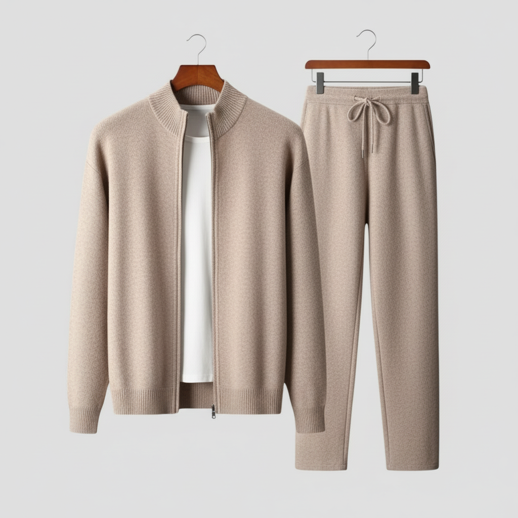 Men's cozy two-piece lounge set with zip-up sweater & drawstring pants for ultimate relaxed comfort.