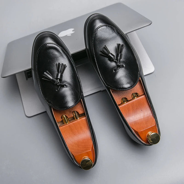Men's Crescent Tassel Loafers, sleek black leather, perfect for formal or casual wear.