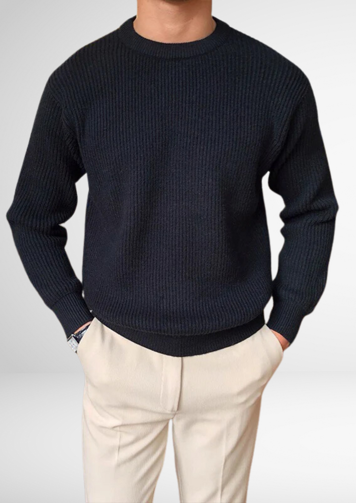 Men's crew neck knitted sweater, perfect for all-season smart casual wear. Versatile and comfortable everyday style.