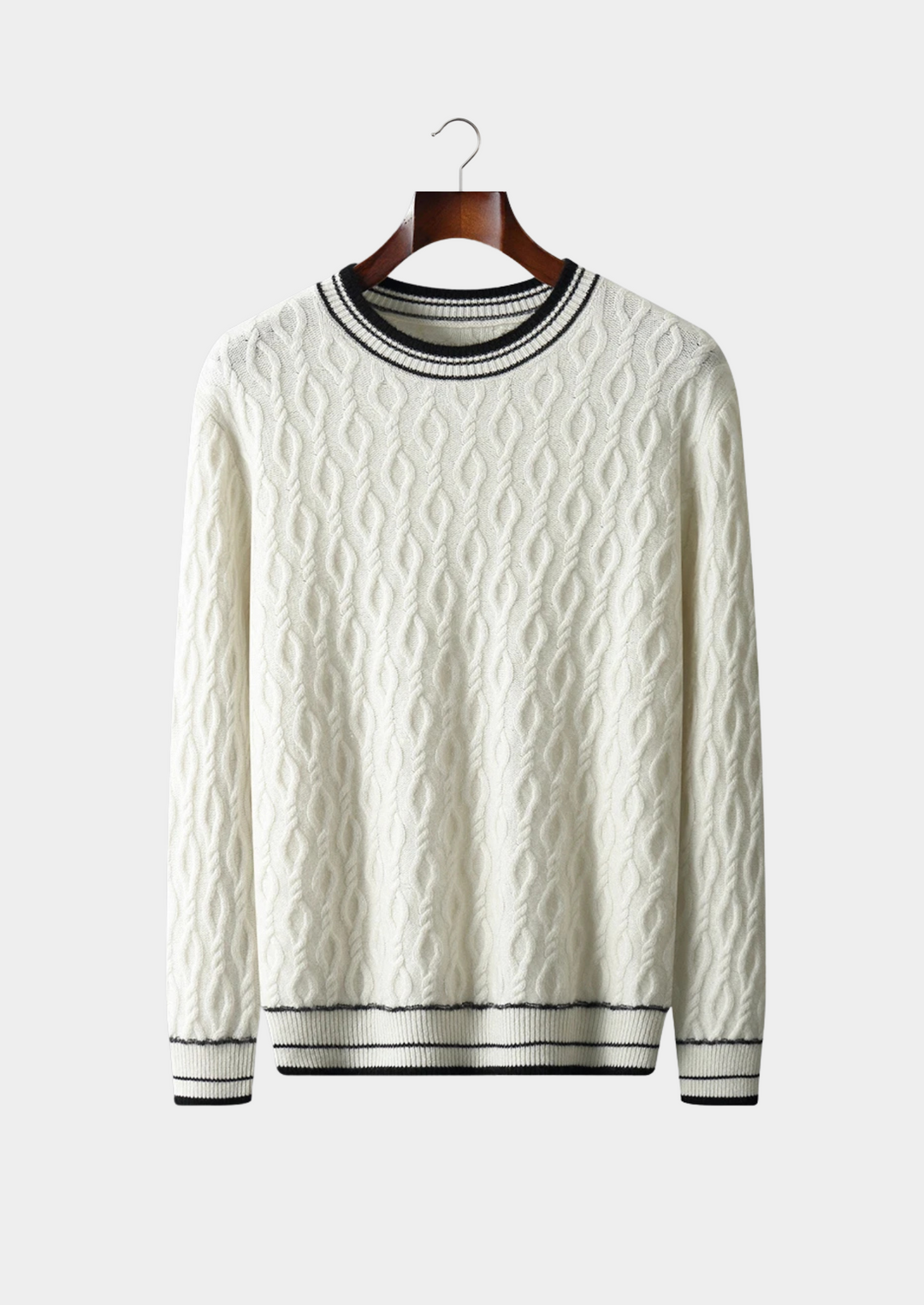 Men's crew neck sweater with striped trim detail. Ideal for smart casual layering & comfortable everyday style.