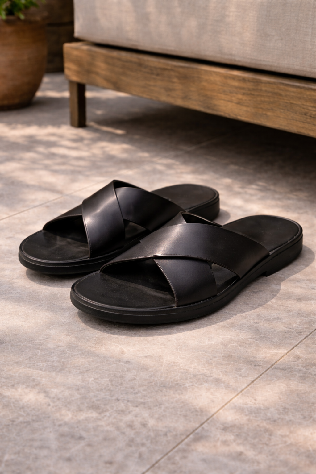 Stylish men's cross strap slides, perfect for summer, beach, or casual wear. Comfortable slip-on open-toe sandals.